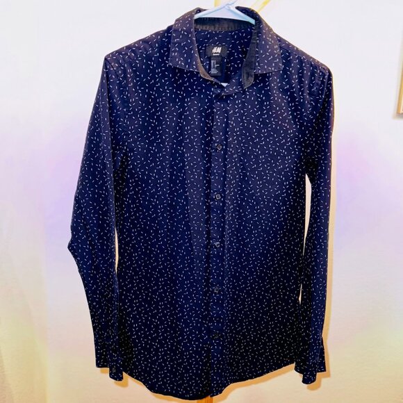 H&M Slim Fit Navy Dress Shirt Small – White Micro Print - Picture 1 of 3